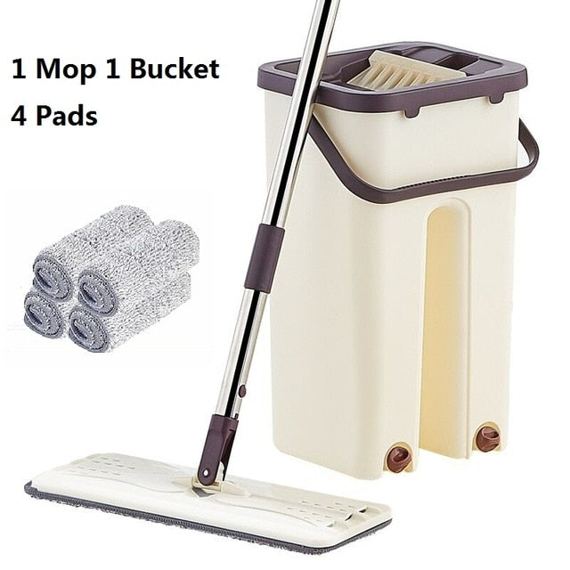 Flat Squeeze Mop and Bucket Hand-Free Wringing Floor Cleaning Mop Wet or Dry Usage Magic Automatic Spin Self Cleaning Lazy Mop
