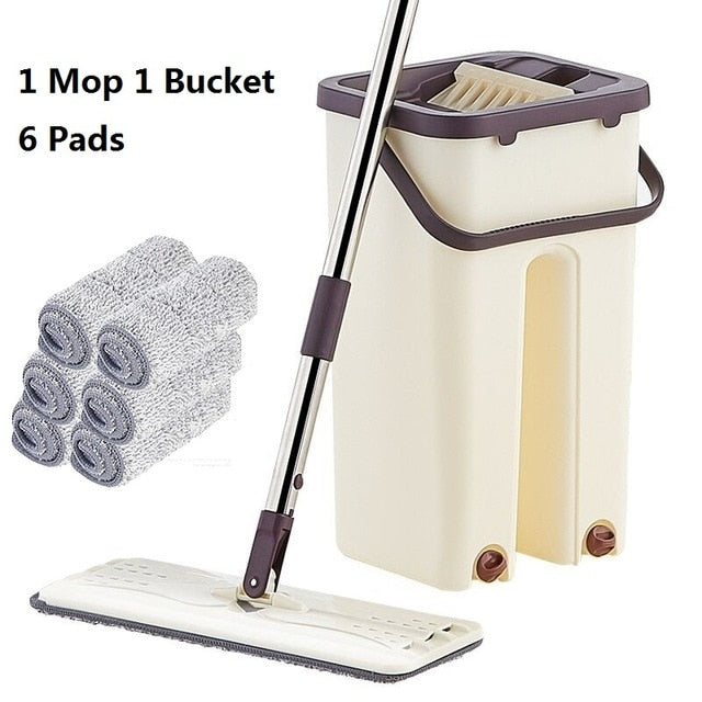 Flat Squeeze Mop and Bucket Hand-Free Wringing Floor Cleaning Mop Wet or Dry Usage Magic Automatic Spin Self Cleaning Lazy Mop
