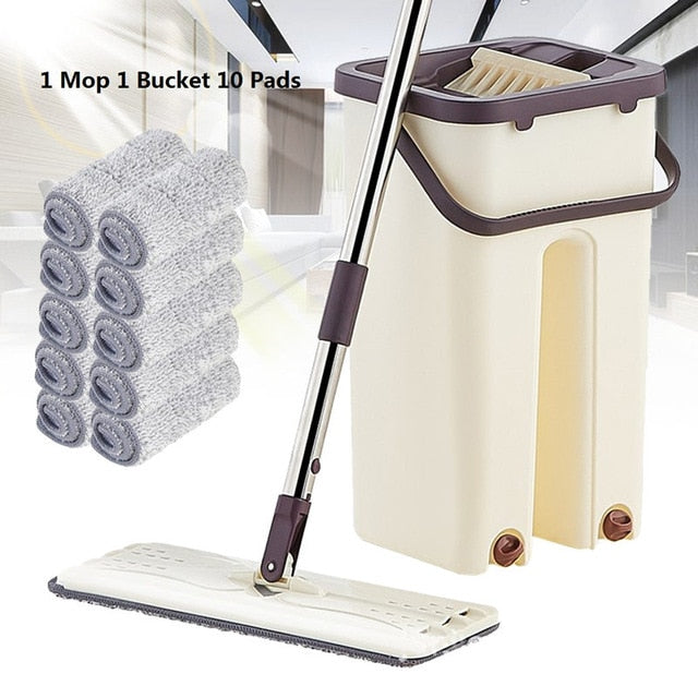 Flat Squeeze Mop and Bucket Hand-Free Wringing Floor Cleaning Mop Wet or Dry Usage Magic Automatic Spin Self Cleaning Lazy Mop